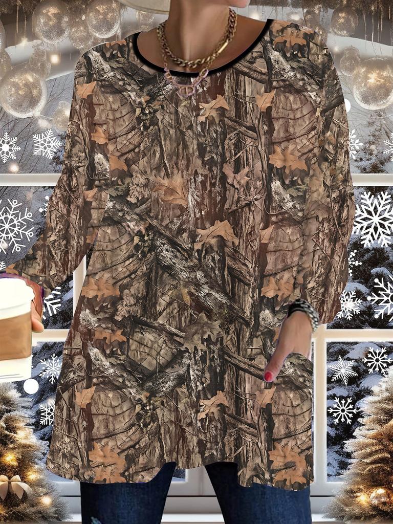 2025 Autumn Winter New Plus Size Women's Tops, Flower 3D Print Fashion Crew Neck Long Sleeve T-Shirts