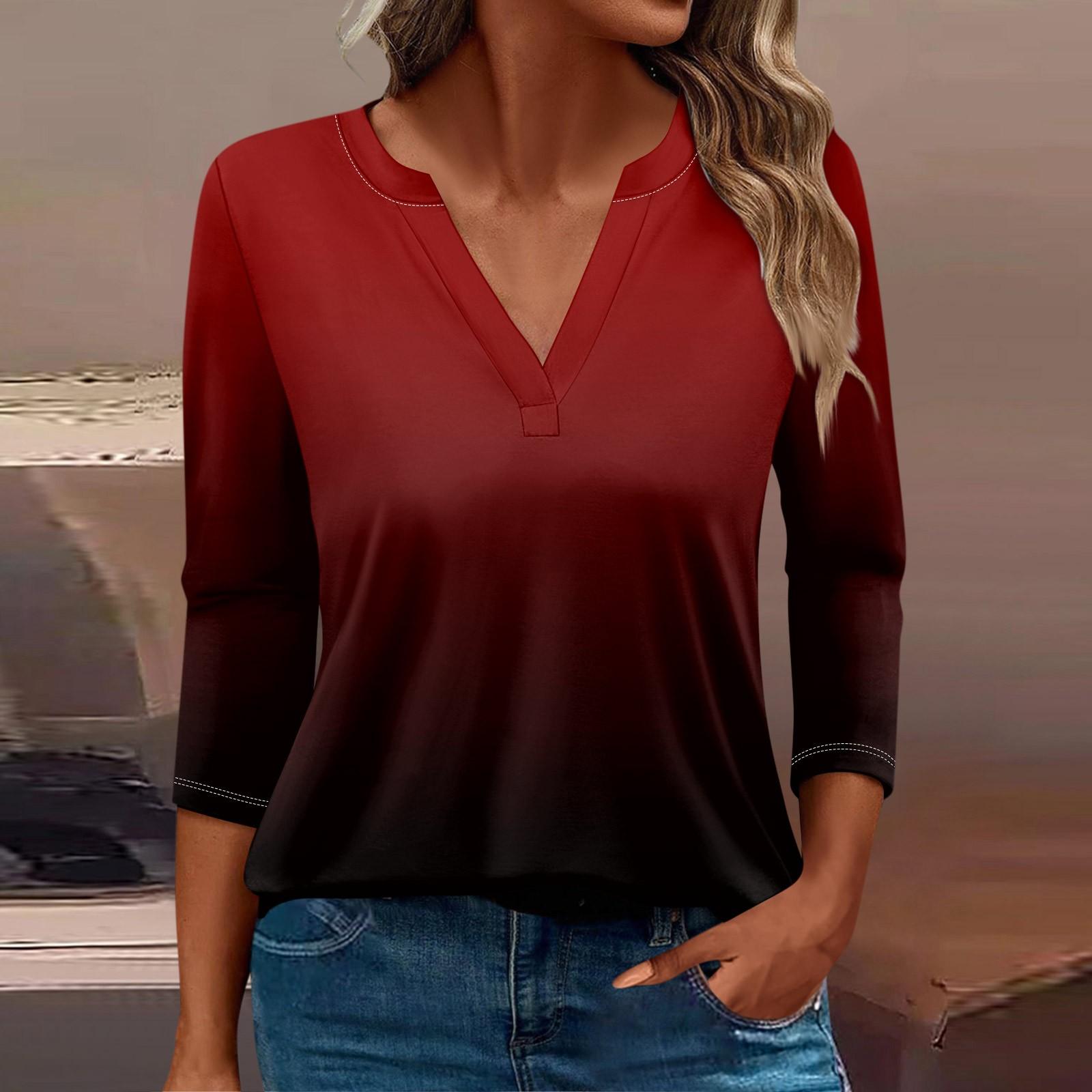 

Женская футболка Футболка с принтом Рукав 3/4 Повседневные Выходные Мода Базовый V-образный вырез Обычный топ XL винный