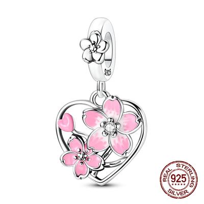 Copper Rotating Cherry Blossom Sakura Openwork Pendants Charm Fits Genuine Charms Bracelet Women DoItYourself Jewellery Gifts