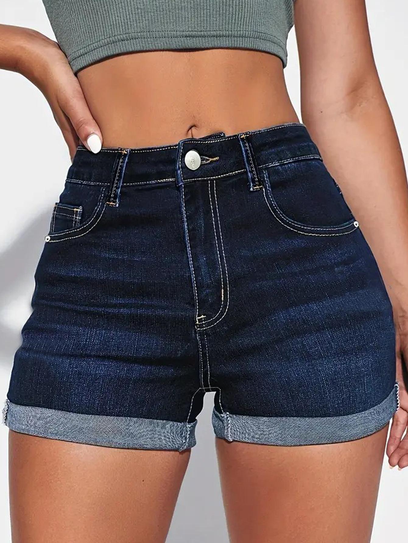 

Women s Slim-Fit Dark Blue Stretchy Denim Shorts, American Style, Perfect for Spring and Summer S темно-синий