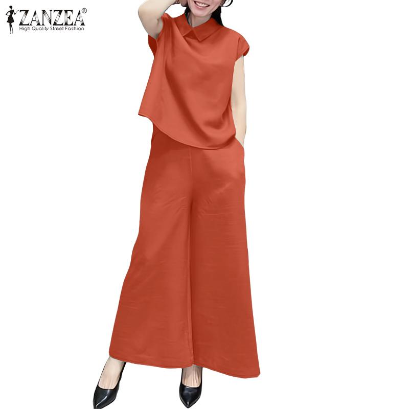 

ZANZEA Womens Sleeveless Vest Tops and Wide Leg Pants Two Piece Suit Sets S зелёный
