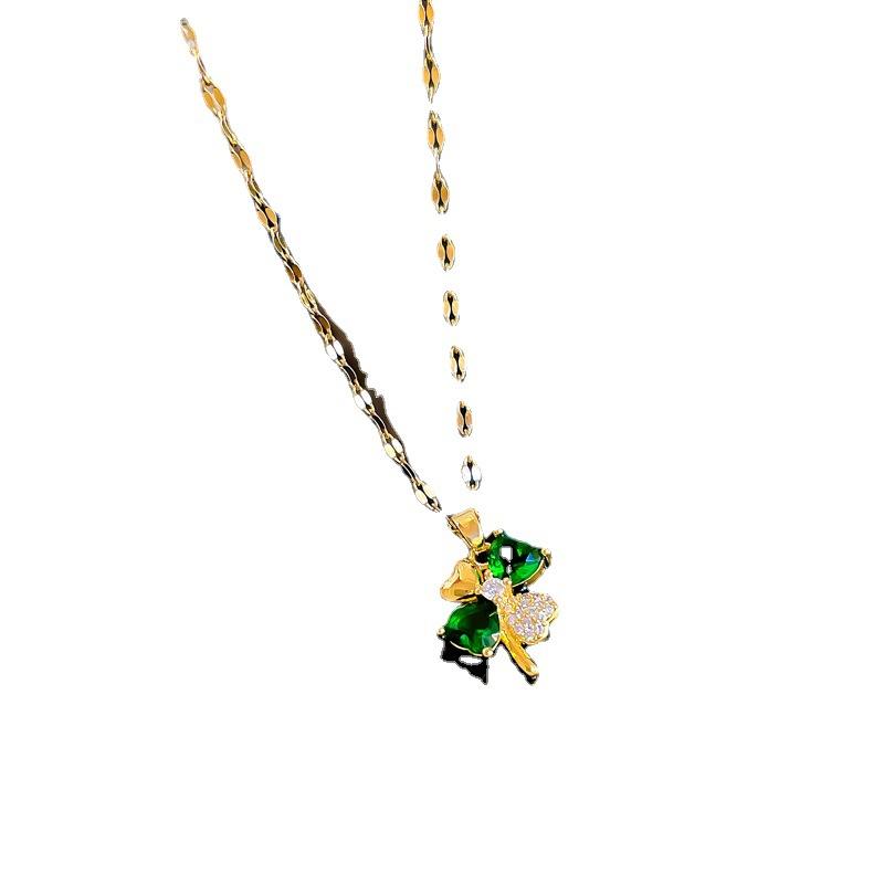 Light Luxury Full Diamond Micro-Inlaid Zircon Emerald Four-Broken Flower Necklace Copper Electroplated Real Gold Pendant