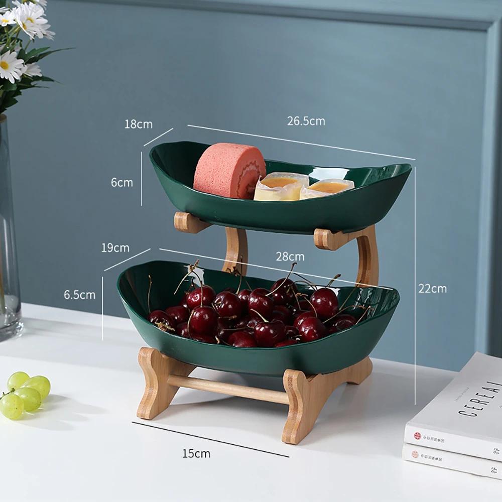 Kunststoff Obstteller mit Holzhalter Oval Servierschalen für Party Essen Server Präsentationsständer Obst Süßigkeitenschale Regale