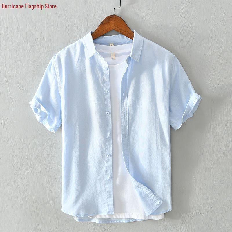 Men's Slim Fit Short Sleeve Breathable Linen Shirt - Summer Casual Lapel Top, White