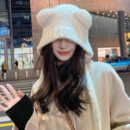 Winter Cute Bear Ears Knit Hat for Women Fuzzy Slouchy Crochet Hat Soft Plush Warm Hat with Ear Flap