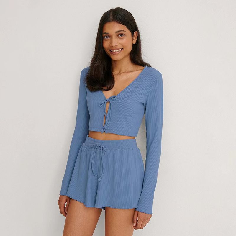 Fashion Sunken Stripe Knotted Short Tops Shorts Suit Homewear Lace up Top and Shorts Set