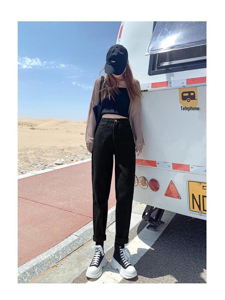 High-Waisted Fleece-Lined Korean Style Jeans for Petite Women, Autumn/Winter, Loose Fit, Straight Leg, Harem Carrot Cut.