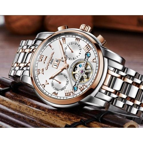Men's Tourbillon Automatic Mechanical Watch, Silver Stainless Steel, Multi-Function, Blue Watch, Silver/Blue, Rose Gold/White