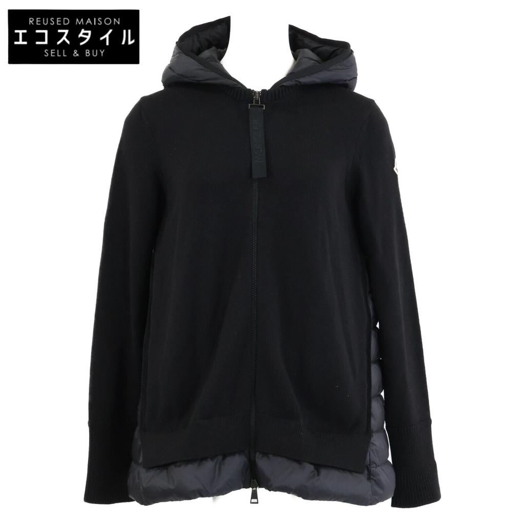 Moncler [Good Condition] D20939487700 MAGLIONE TRICOT CARDIGAN Knit X Nylon Switching Hoodie Down Blouson/ Jacket S blackUsed