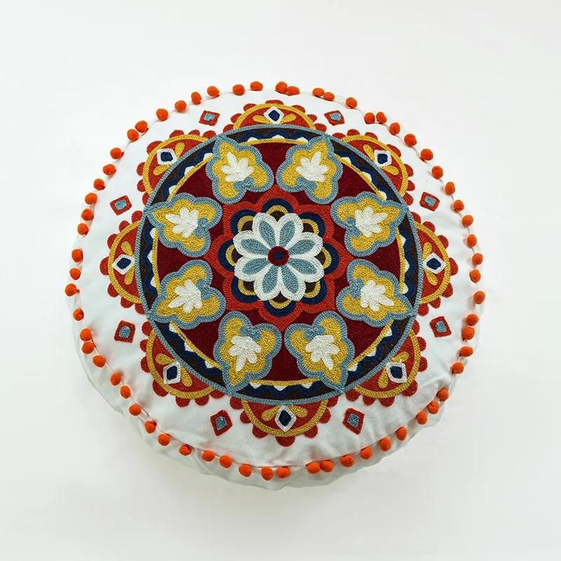 Moroccan Ethnic 45cm Round Cushion Cover Mandala Floral Embroidery Home Decor Living Room Throw Pillow Case Ball Decorative