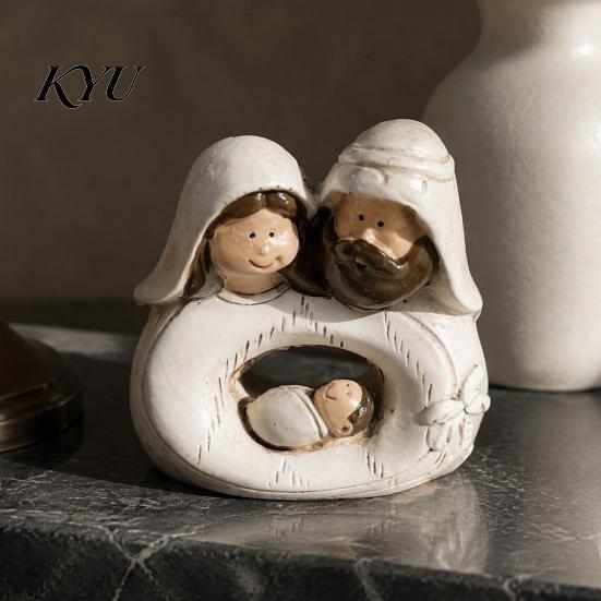Resin Holy Family Statue for Office Figurine, Vintage Nativity Scene Statue, Mini Rustic Farmhouse Christmas Ornament Jesus Birth Desktop Ornament,