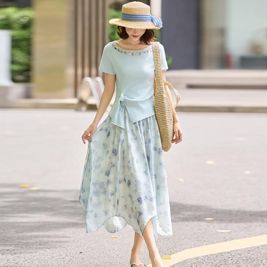 

Модный костюм юбка женский летний новый с открытыми плечами асимметричная футболка юбка с цветочным принтом комплект из двух предметов XXL синий