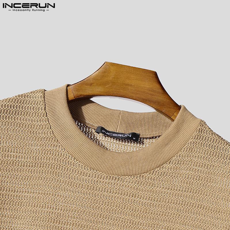 INCERUN Summer Men Short Sleeves Hollow See Through Casual Loose Basic T-shirts