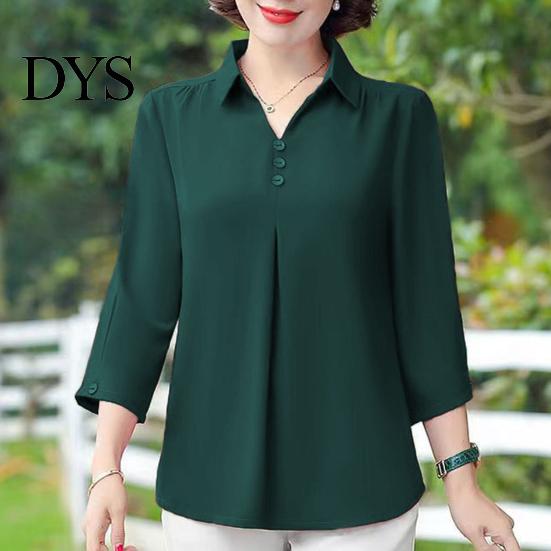 Turn-down Collar Mother Summer Top Buttons Solid Color Three-quarter Sleeves Pullover Match Pants Mid-aged Casual Plus Size Mom Spring T-shirt Women