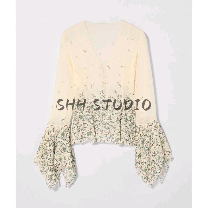 Summer New Product Women's Clothes Ins Style Laminated Decoration V Neck Long Sleeves Flower Print Shirt Tops 3752858