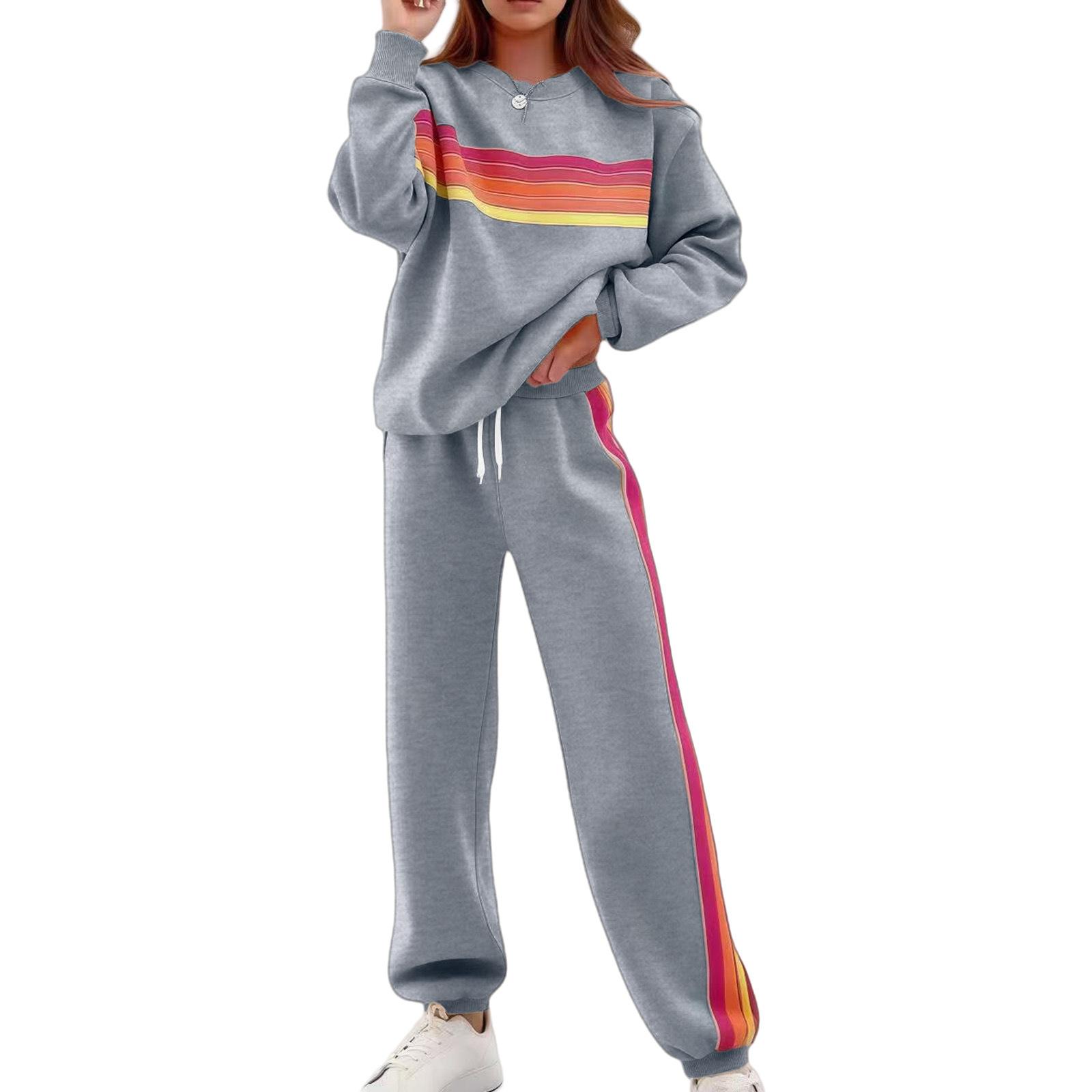 Fashionable Women s Round-Neck Loose Color-Striped Elastic Waist Sweatpants Set L