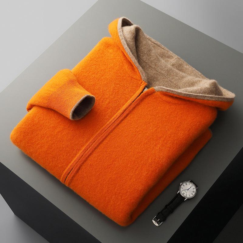 Men's Zipper Hooded Wool Cardigan - Thick Knitwear for Autumn/Winter