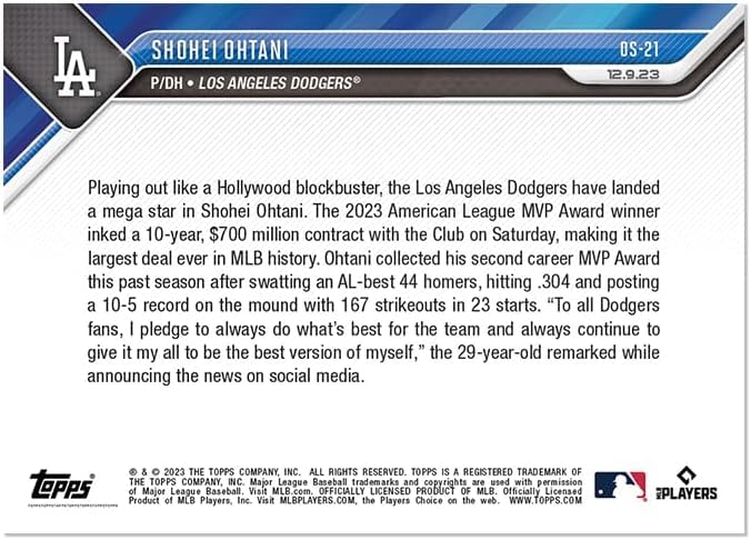 Topps now Shohei Ohtani Ohtani transfers to the Dodgers in 2023 #OS21 Showtime!
