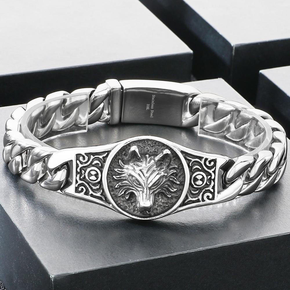 Cool Biker Mens Stainless Steel Wolf Head Curb Cuban Link Chain Bracelet for Men Man Punk Rock Style Jewelry Accessories 19-23CM
