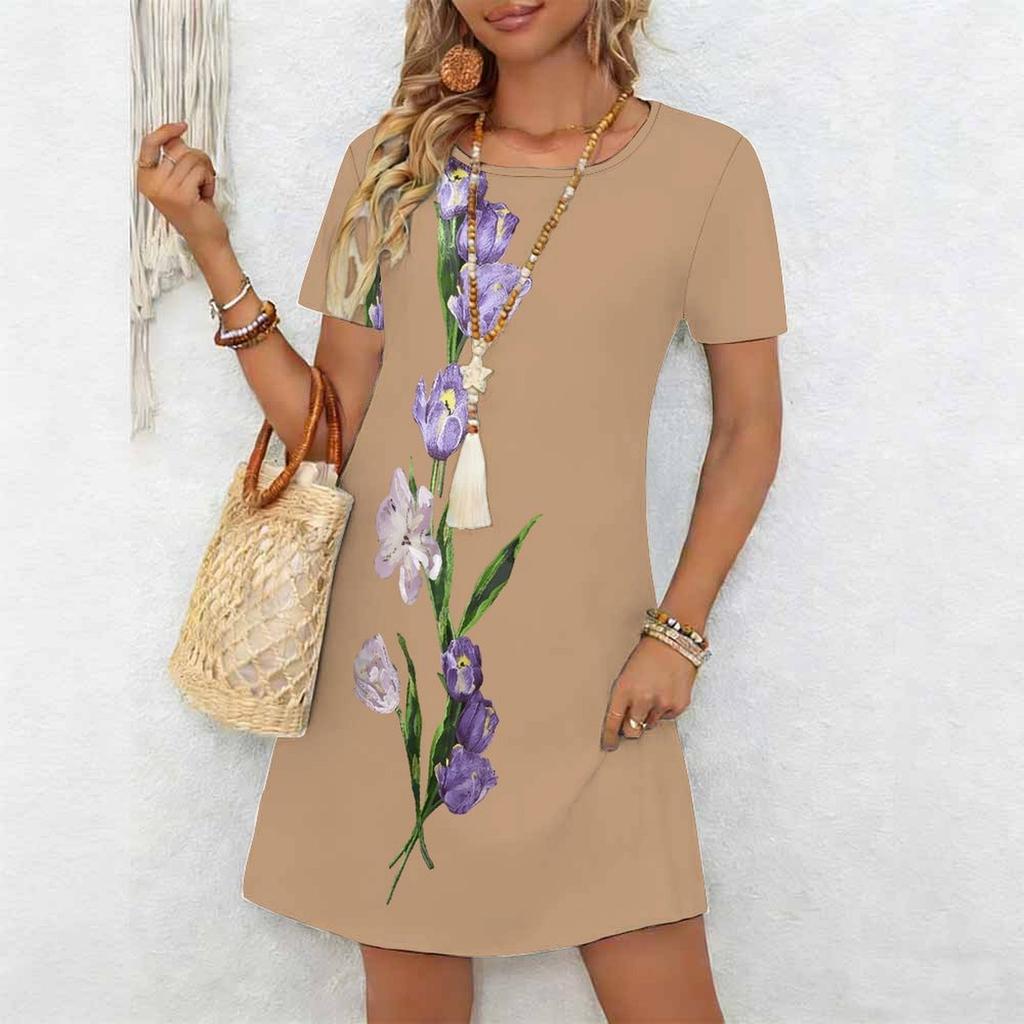 Damskie Modne Eleganckie Piękne Letnie Wiosenne Sukienki Codzienne z Nadrukiem Kwiatowym Krótkim Rękawem Okrągłym Dekoltem
