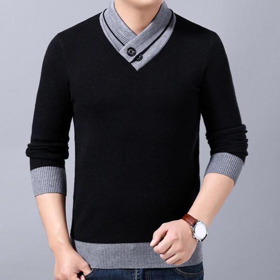 Men Sweater V Neck Knitted Contrast Colors Loose Spring Sweater for Daily Wear