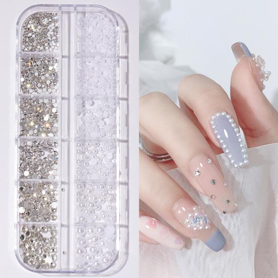 12Grids/Box Flat Back Nail Art Rhinestone 3D Effect Faux Pearl Style Round Glitters DIY Nail Rhinestones
