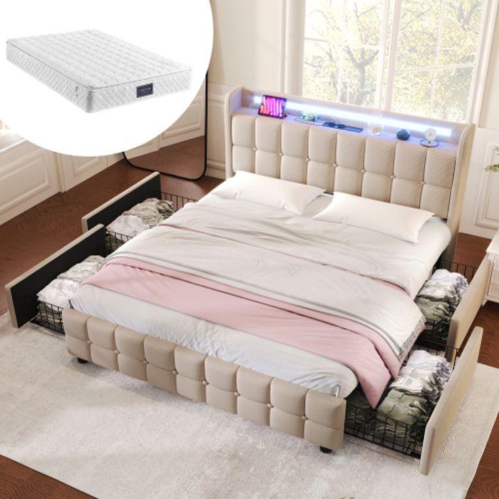 Lit Rembourré Avec Fonction De Recharge USB, Éclairage LED Et Tête De Lit Avec 4 Tiroirs,lit Double,160x200cm,beige(avec Matelas)