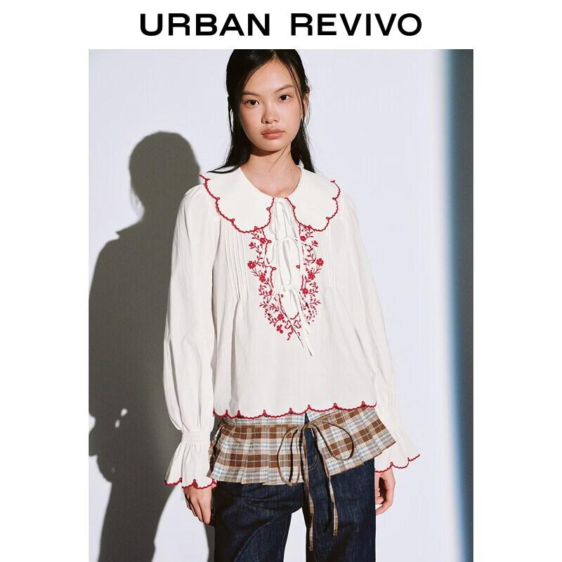 

UR 2026 Spring Women s Casual Cotton Puff Sleeve Contrast Lapel Blouse S