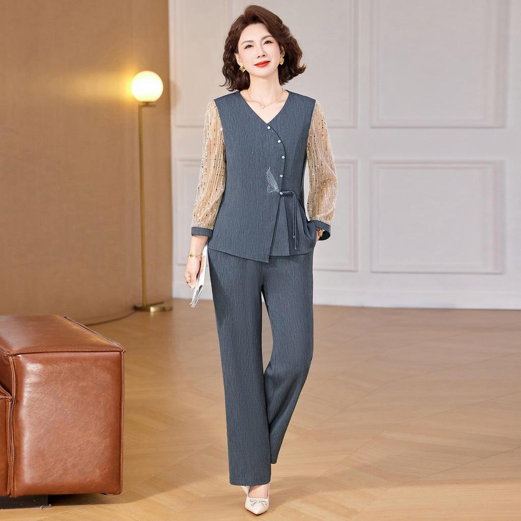 Mom's Summer Slimming Top & Elegant Wide-Leg Pants Set for Middle-Aged Women