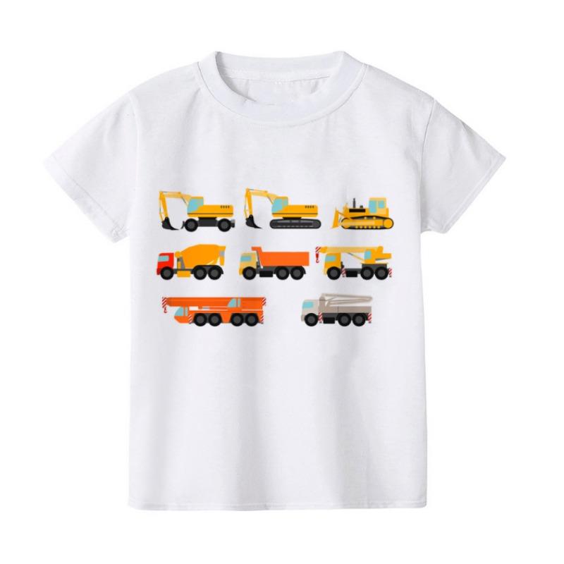 Summer Construction Machines Tractor Print Baby Boys T-shirt Natural Work Zone Kids Clothing Children's Summer Top