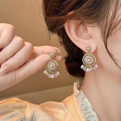 Diamond-set Geometric Pearl Fringed Earrings, Niche Personalized Design Earrings, Earrings, National Style Retro Earrings.