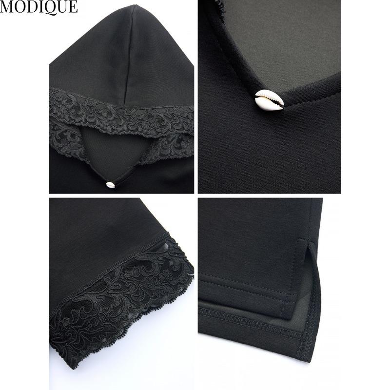 MODIQUE Spring Summer Plus Size New Women Loose Vintage Lace Solid Blouse Shirts Female Casual Oversize Short Sleeve Hooded V-Neck Top