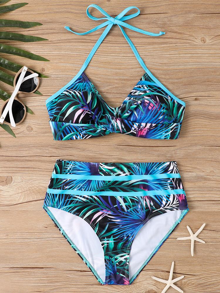Dámský dvoudílný bikini set s vysokým pasem, potiskem, s šněrováním za krkem, plavky, letní móda, dámské plážové oblečení