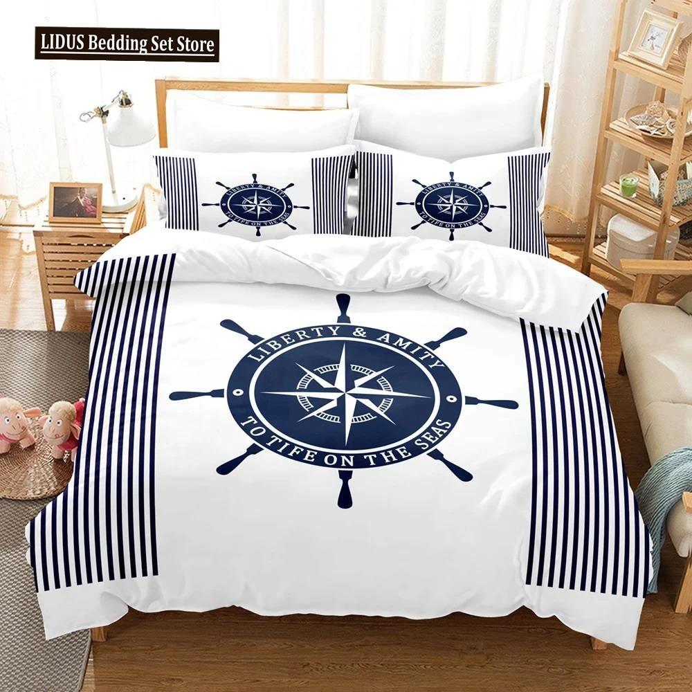 Nautical Bedding Set Ocean Anchor Duvet Cover Sailor Pirate Sea Adventure Bedspread For Kids Boys Navy Blue