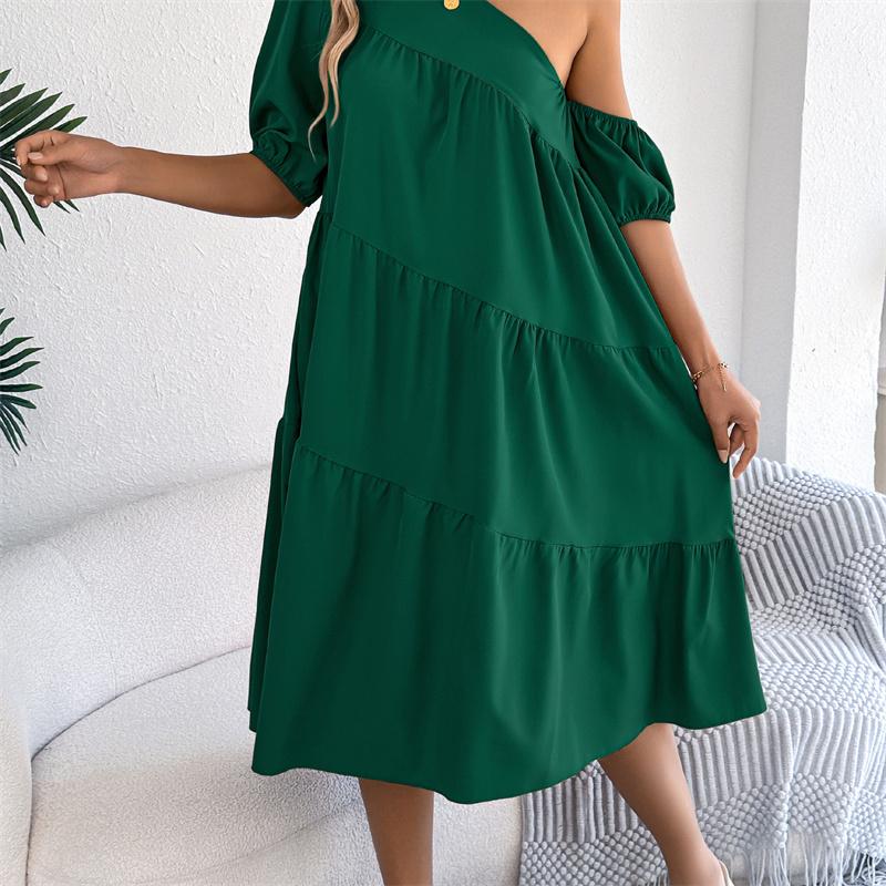 2026 Spring Summer Women's Off Shoulder Short Sleeved Ruffled Hem Long Skirt S-XL
