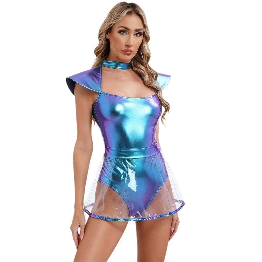 Womens Space Alien Cosplay Costume Fly Sleeve Cutout Briefs Bottom PVC Skirt One Piece Bodysuit Carnival Wear