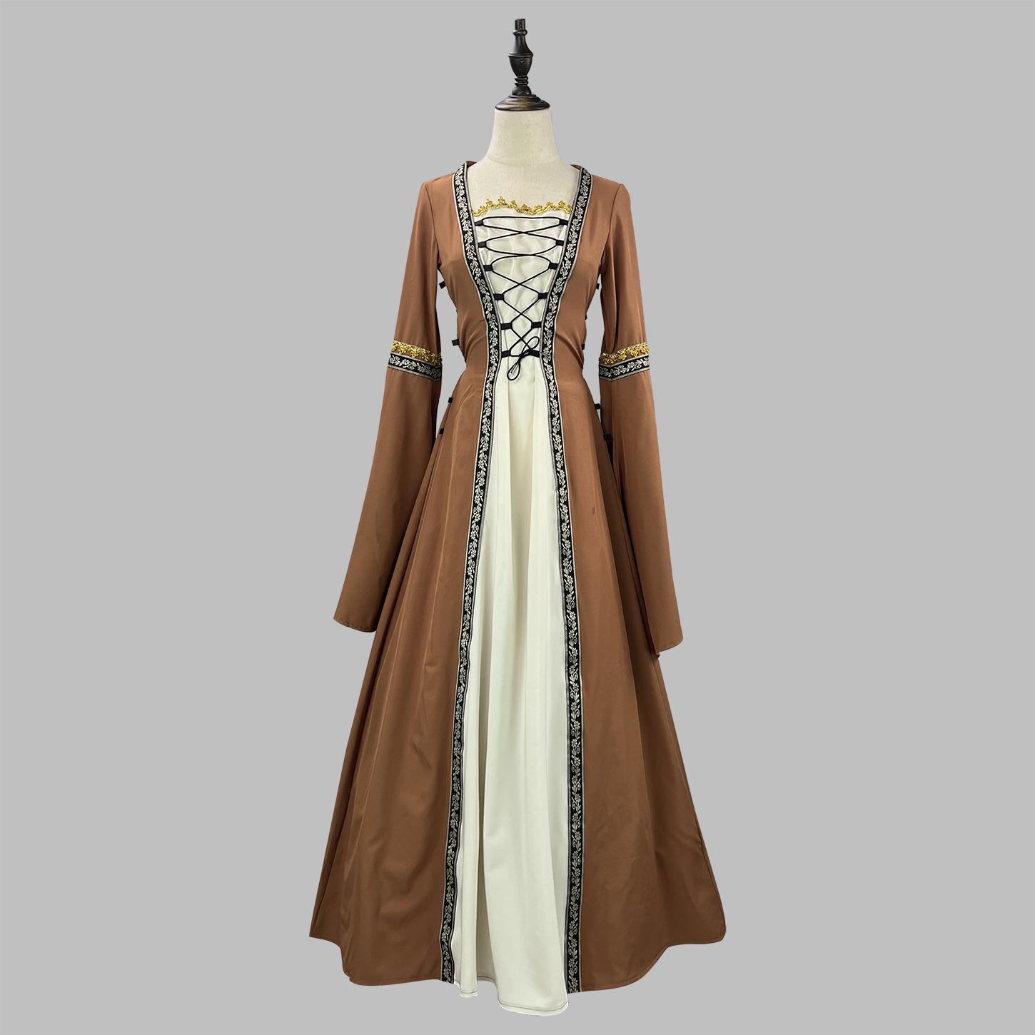 

Европейское и американское готическое средневековое платье с квадратным вырезом и рукавами-колокольчиками больших размеров 5XL кофейный