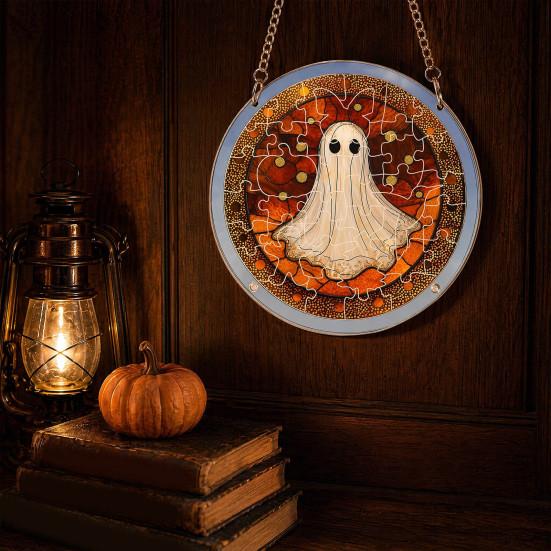 Halloween Acrylic Puzzle Decor, 2D Ghost Pumpkin Skeleton Hanging Sign, Faux Stained Glass Spooky Puzzle for Party Home Decor, Stress Relief Toy