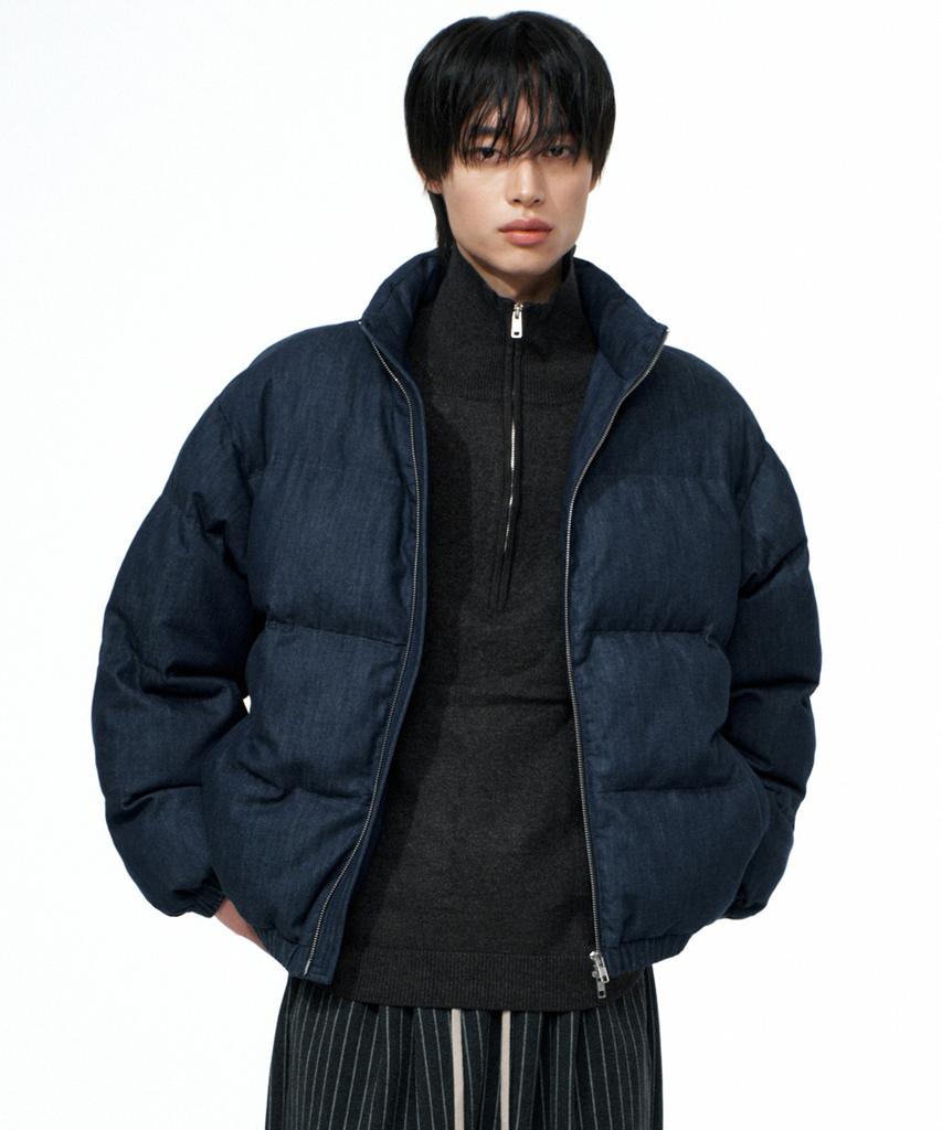 West Grand Boulevard Monstro Crop Denim Puffer Jacket Washed Blue