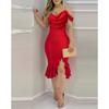Elegant Pearl Chain Trimmed Fake Two-Piece Surplice Neckline Midi Dress With Ruffles Off-Shoulder Detail