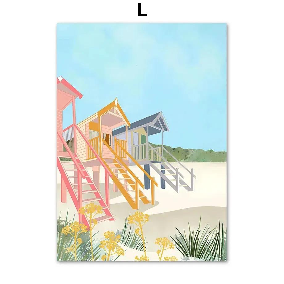 Ocean Beach Palme Surfbrett Möwe Leinwandmalerei - Reiseplakate und Drucke für Wohnzimmerdekor