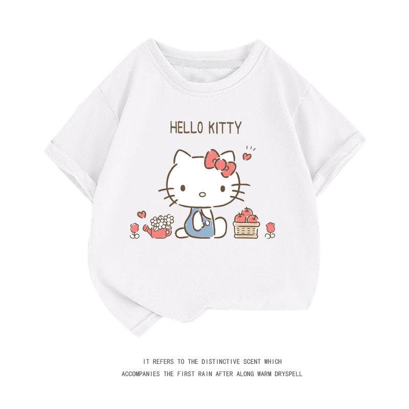 

New Childrens Sanrio Hello Kitty Short Sleeved Pure Cotton Round Neck Fashionable Printed Tshirt Cartoon Parentchild Outfit L