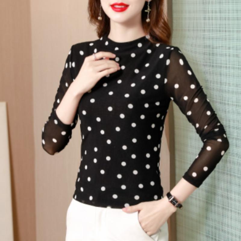 

Корейская сетчатая рубашка с принтом снизу для женщин, ранняя осень, новые облегающие топы с полувысоким воротом, футболка, тонкая, большие ярды, цветочная, маленькая рубашка, прилив 4XL