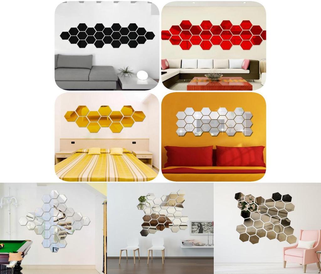 Elegante silberne sechseckige Acryl-3D-Spiegelwandaufkleber für Wohnzimmer und Schlafzimmer