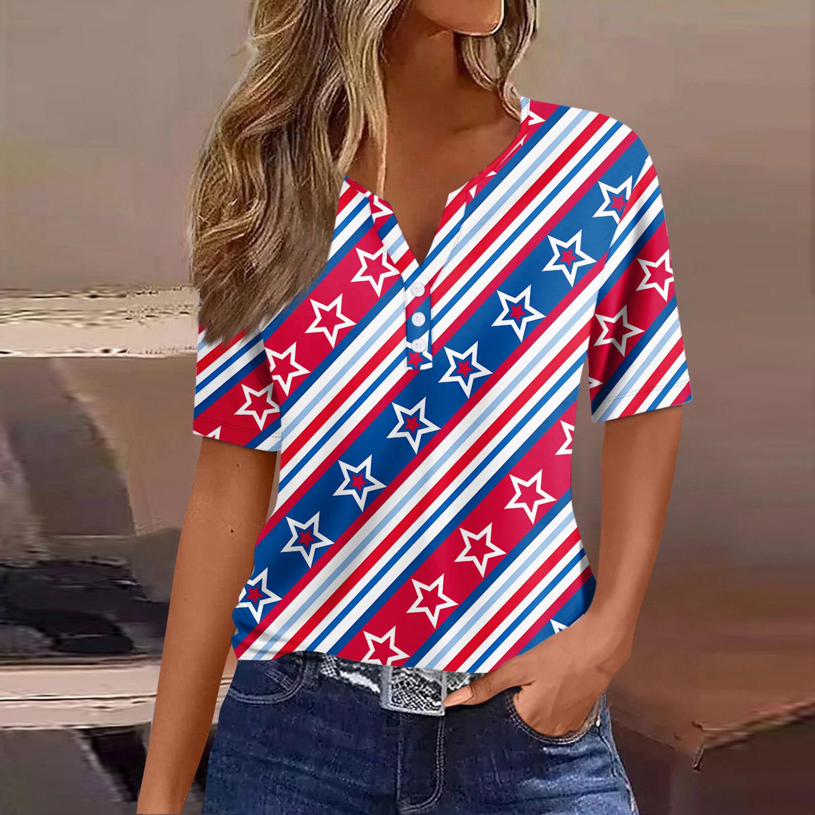 

Женская повседневная футболка с v-образным вырезом и короткими рукавами, украшенная пуговицами, с принтом в честь Дня независимости, топ XXL