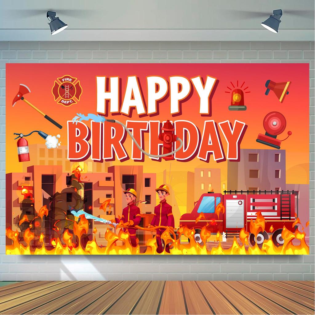 70.8''x43.3'' Fire Truck Birthday Backdrop, Fireman Party Backdrops, Firetruck Happy Birthday Backdrop for Firetruck Birthday Decorations Supplies