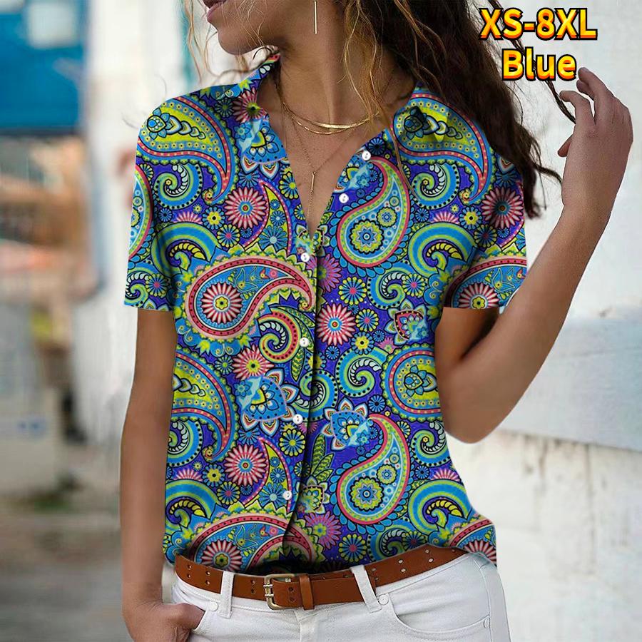 2025 Summer New Fashion Women's Retro Printed Short Sleeve V-neck Casual Button-down Shirt Top
