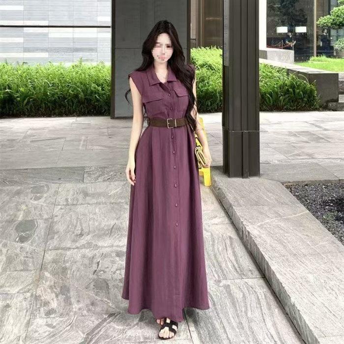 Elegant Summer Lapel Button Vest Dress with Cinched Waist and A-line Long Skirt for Women 2XL фиолетовый