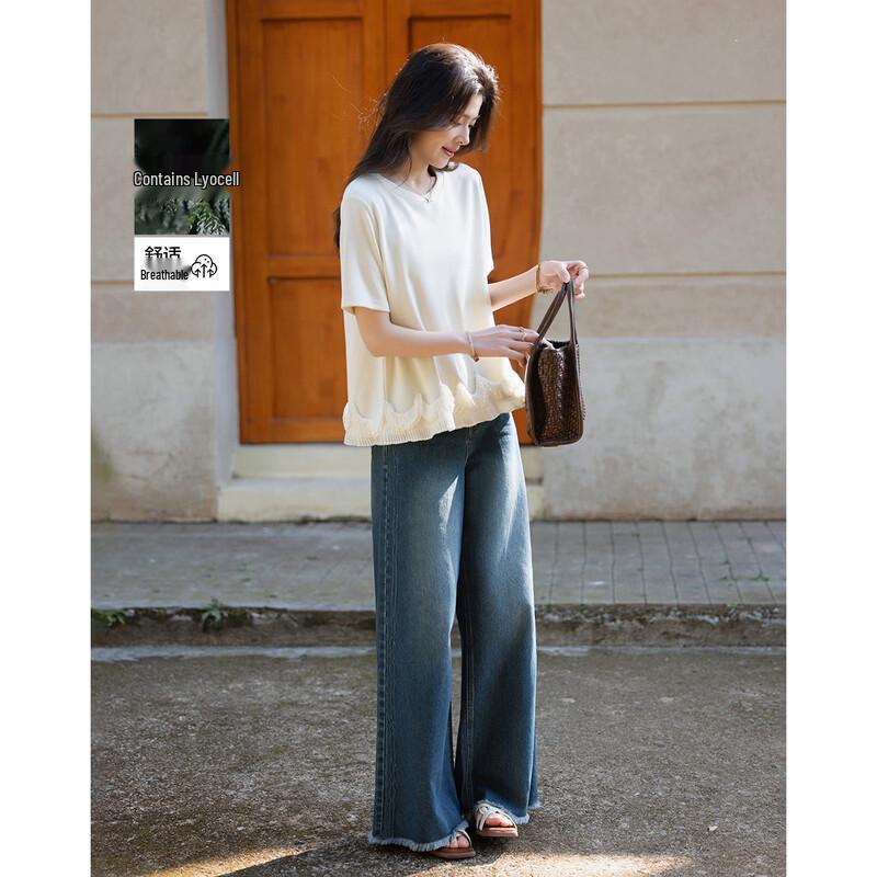 Women s Washed Air Layer Lace-Spliced Short Sleeve T-Shirt M