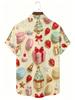 1pc Men'S Summer Short Sleeve Button-Up Shirt, Men'S Short Sleeve Lapel Button-Up Shirt, Christmas Macaron Dessert Print Casual Top, Breathable